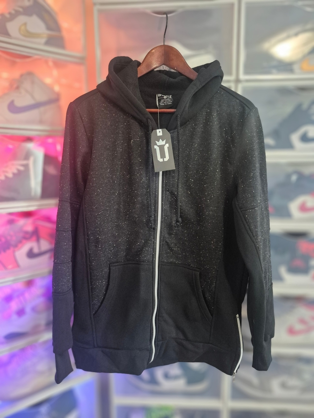 NWT Upscale Men’s Black Speckled Full Zip Hoodie W/ Side Zippers